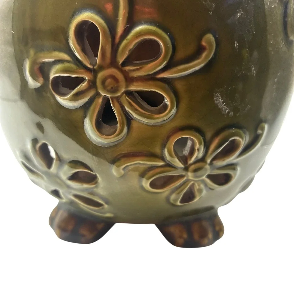 Vintage Owl Ceramic Candle Holder 9.5in Green Brown Butterfly Flower Luminary